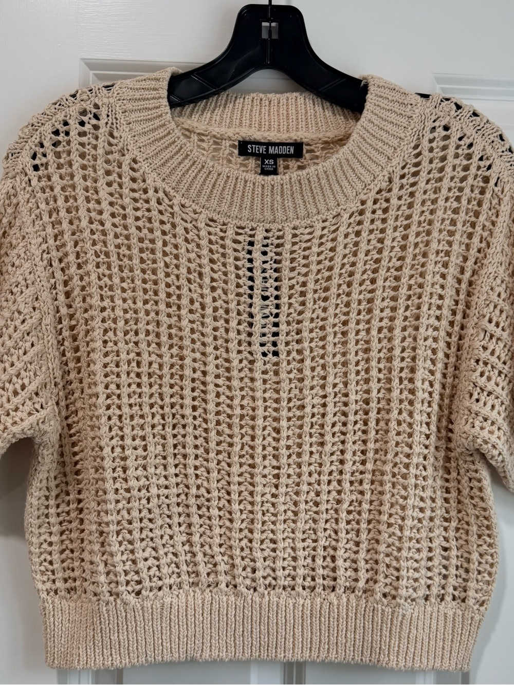 Steve Madden Beige Open-Knit Short Sleeve Crew Sweater